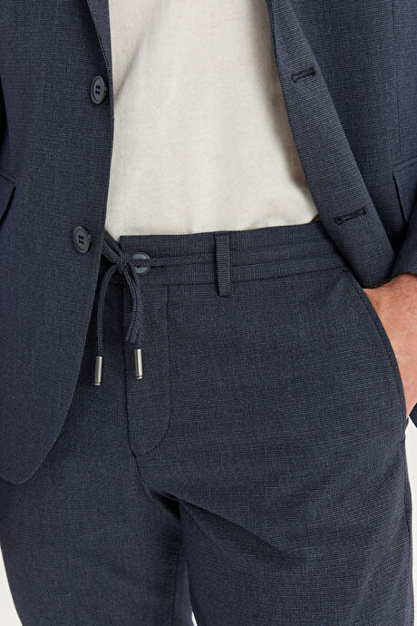 Ekstra Slim Fit Mono Yaka Gofre Kazayağı Desenli Beli Bağlamalı Lacivert Takım Elbise resmi