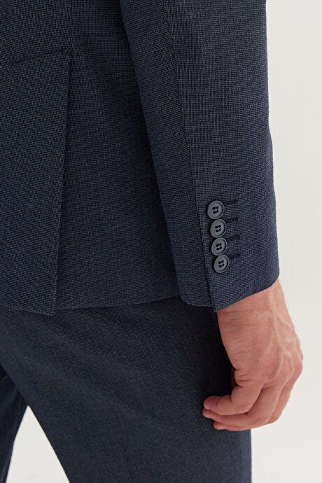 Ekstra Slim Fit Mono Yaka Gofre Kazayağı Desenli Beli Bağlamalı Lacivert Takım Elbise resmi