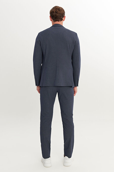 Ekstra Slim Fit Mono Yaka Gofre Kazayağı Desenli Beli Bağlamalı Lacivert Takım Elbise resmi