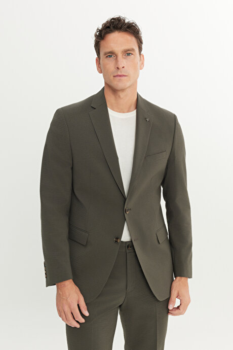 Ekstra Slim Fit Dar Kesim Mono Yaka Desenli Kapak Cepli Haki Takım Elbise resmi