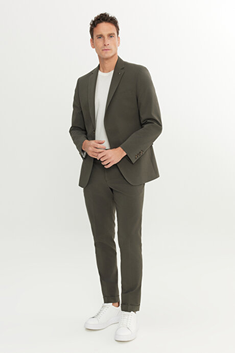 Ekstra Slim Fit Dar Kesim Mono Yaka Desenli Kapak Cepli Haki Takım Elbise resmi