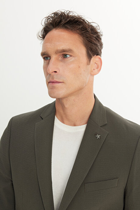 Ekstra Slim Fit Dar Kesim Mono Yaka Desenli Kapak Cepli Haki Takım Elbise resmi