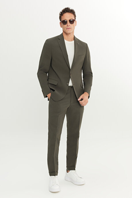 Ekstra Slim Fit Dar Kesim Mono Yaka Desenli Kapak Cepli Haki Takım Elbise resmi