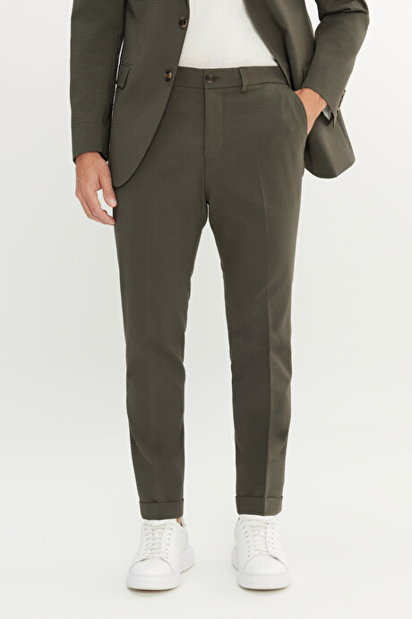 Ekstra Slim Fit Dar Kesim Mono Yaka Desenli Kapak Cepli Haki Takım Elbise resmi