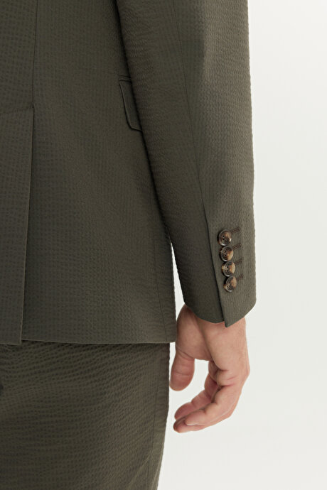 Ekstra Slim Fit Dar Kesim Mono Yaka Desenli Kapak Cepli Haki Takım Elbise resmi