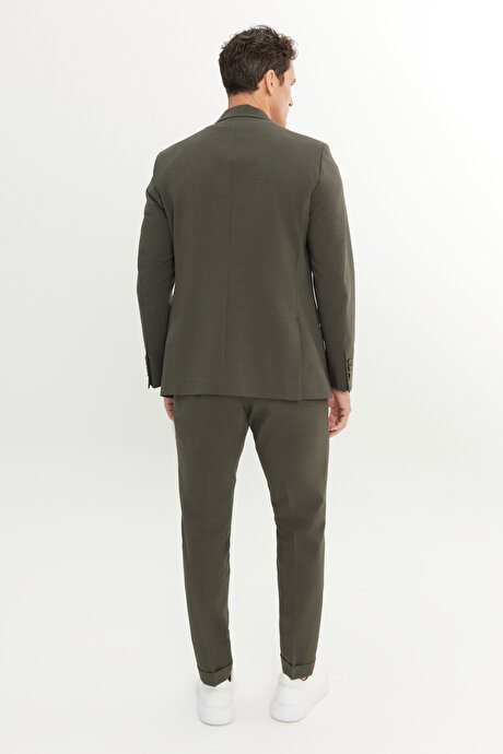 Ekstra Slim Fit Dar Kesim Mono Yaka Desenli Kapak Cepli Haki Takım Elbise resmi