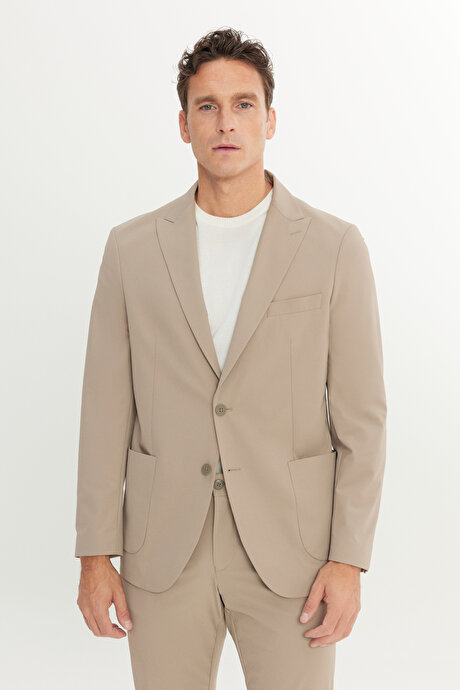 Slim Fit Dar Kesim Mono Yaka Beli Bağlamalı Kapak Cepli Esnek Bej Takım Elbise resmi