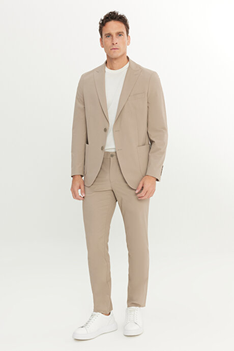 Slim Fit Dar Kesim Mono Yaka Beli Bağlamalı Kapak Cepli Esnek Bej Takım Elbise resmi