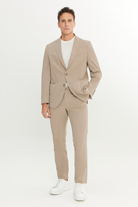 Slim Fit Dar Kesim Mono Yaka Beli Bağlamalı Kapak Cepli Esnek Bej Takım Elbise resmi