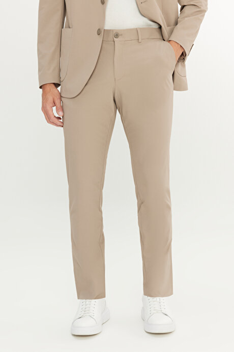 Slim Fit Dar Kesim Mono Yaka Beli Bağlamalı Kapak Cepli Esnek Bej Takım Elbise resmi