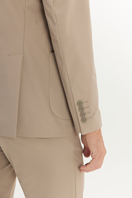 Slim Fit Dar Kesim Mono Yaka Beli Bağlamalı Kapak Cepli Esnek Bej Takım Elbise resmi