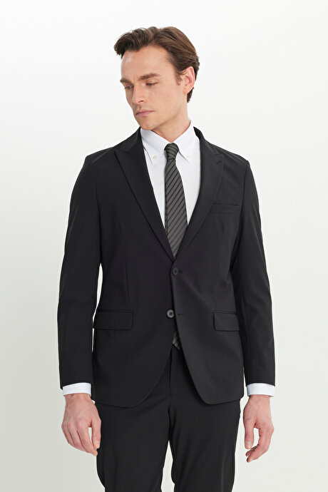 Slim Fit Dar Kesim Mono Yaka Kapak Cepli Esnek Siyah Takım Elbise resmi