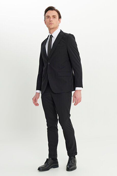 Slim Fit Dar Kesim Mono Yaka Kapak Cepli Esnek Siyah Takım Elbise resmi