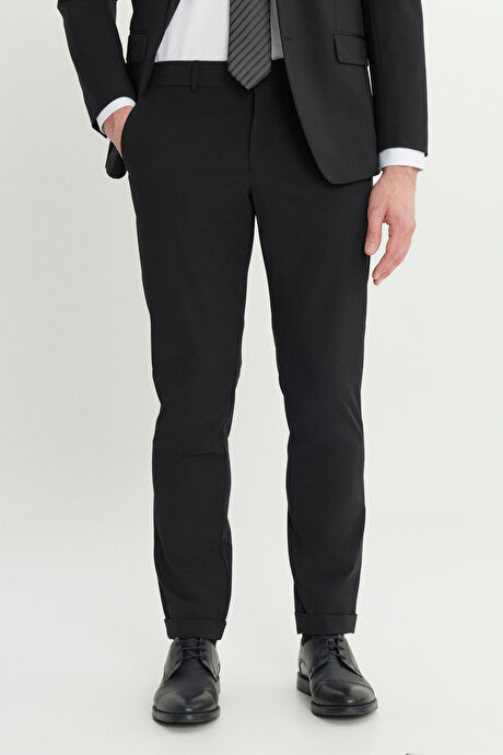 Slim Fit Dar Kesim Mono Yaka Kapak Cepli Esnek Siyah Takım Elbise resmi