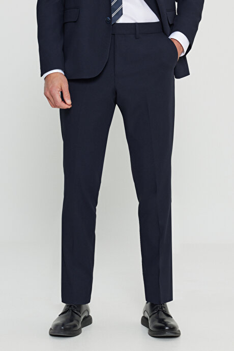 Regular Fit Normal Kesim Mono Yaka Armürlü Kapak Cepli Esnek Lacivert Takım Elbise resmi