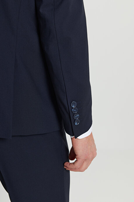 Regular Fit Normal Kesim Mono Yaka Armürlü Kapak Cepli Esnek Lacivert Takım Elbise resmi