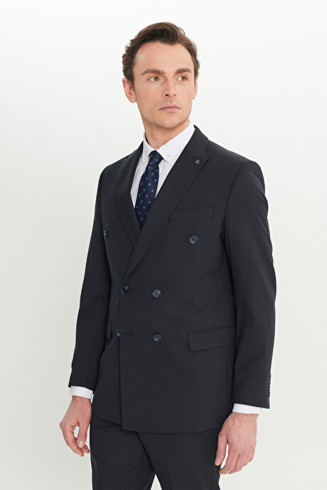 Yün Slim Fit Dar Kesim Kırlangıç Yaka Kapak Cepli Lacivert Takım Elbise resmi