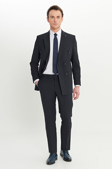 Yün Slim Fit Dar Kesim Kırlangıç Yaka Kapak Cepli Lacivert Takım Elbise resmi