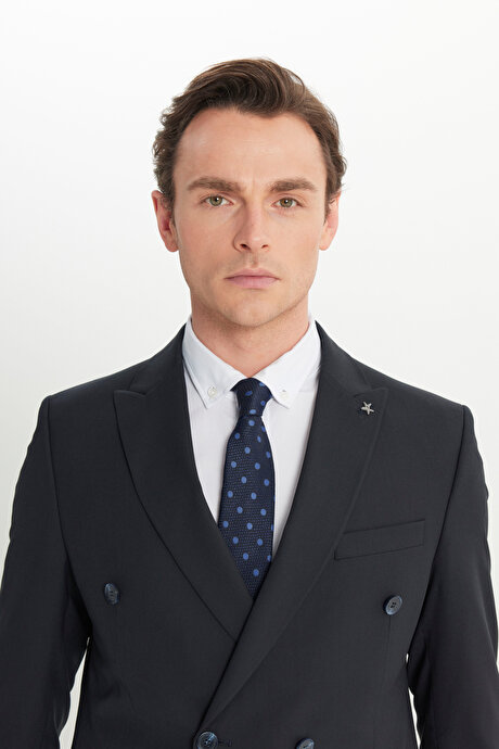 Yün Slim Fit Dar Kesim Kırlangıç Yaka Kapak Cepli Lacivert Takım Elbise resmi