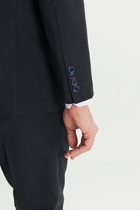 Yün Slim Fit Dar Kesim Kırlangıç Yaka Kapak Cepli Lacivert Takım Elbise resmi