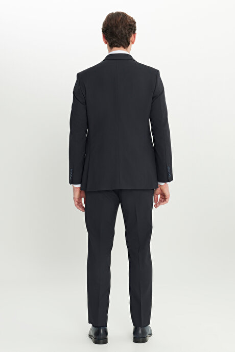 Yün Slim Fit Dar Kesim Kırlangıç Yaka Kapak Cepli Lacivert Takım Elbise resmi