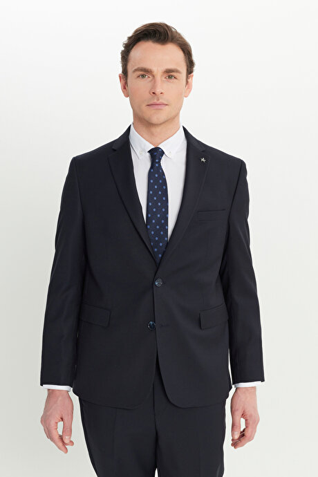 Regular Fit Normal Kesim Filafil Desenli Mono Yaka Kapak Cepli Koyu Lacivert Takım Elbise resmi