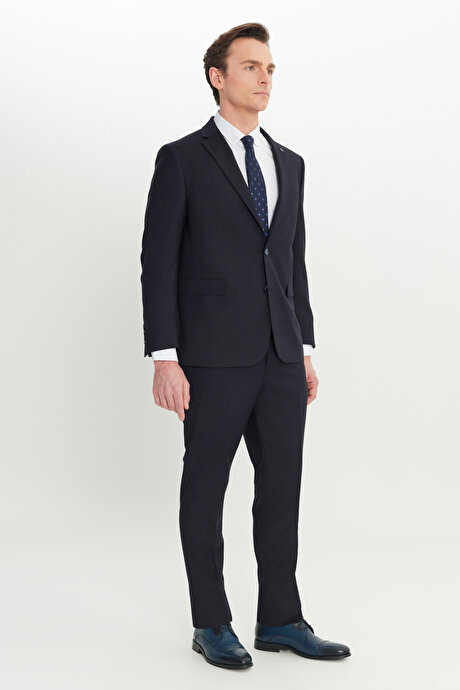 Regular Fit Normal Kesim Filafil Desenli Mono Yaka Kapak Cepli Koyu Lacivert Takım Elbise resmi