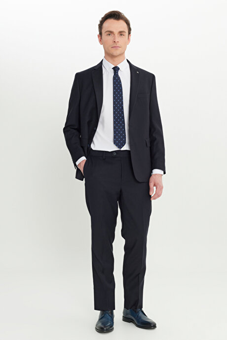 Regular Fit Normal Kesim Filafil Desenli Mono Yaka Kapak Cepli Koyu Lacivert Takım Elbise resmi