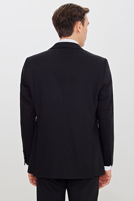 Slim Fit Kırlangıç Yaka Çizgili Kapak Cepli Esnek Siyah-Gri Takım Elbise resmi