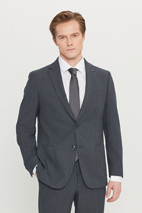 Slim Fit Dar Kesim Mono Yaka Torba Cepli Desenli Esnek Lacivert Takım Elbise resmi