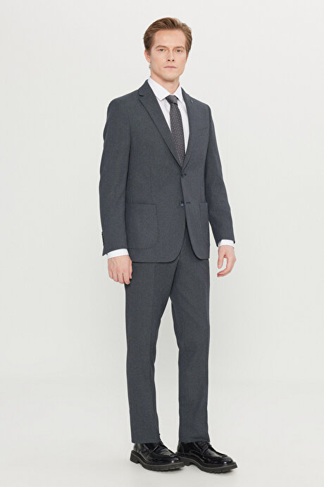 Slim Fit Dar Kesim Mono Yaka Torba Cepli Desenli Esnek Lacivert Takım Elbise resmi