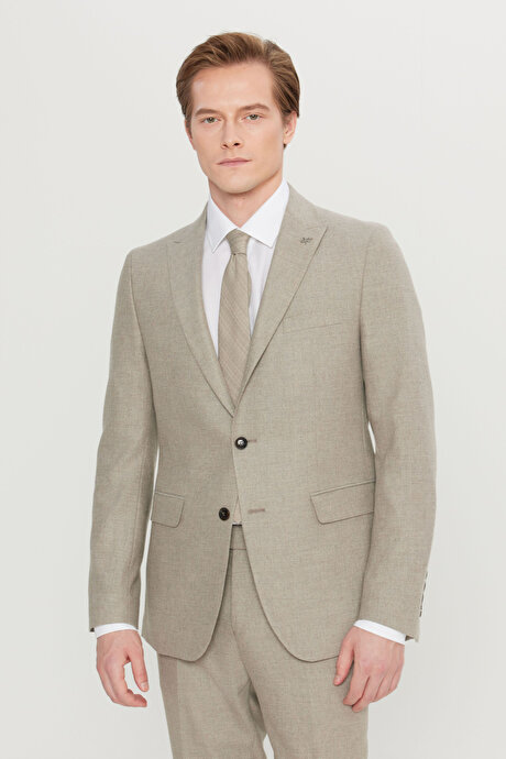 Yünlü Slim Fit Dar Kesim Kırlangıç Yaka Kapak Cepli Esnek Bej Takım Elbise resmi