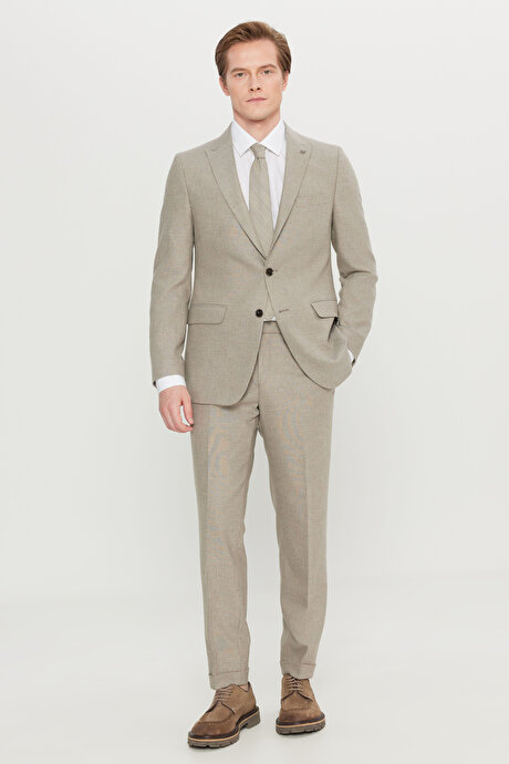 Yünlü Slim Fit Dar Kesim Kırlangıç Yaka Kapak Cepli Esnek Bej Takım Elbise resmi