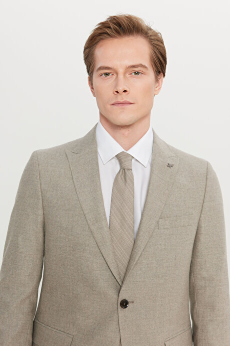 Yünlü Slim Fit Dar Kesim Kırlangıç Yaka Kapak Cepli Esnek Bej Takım Elbise resmi