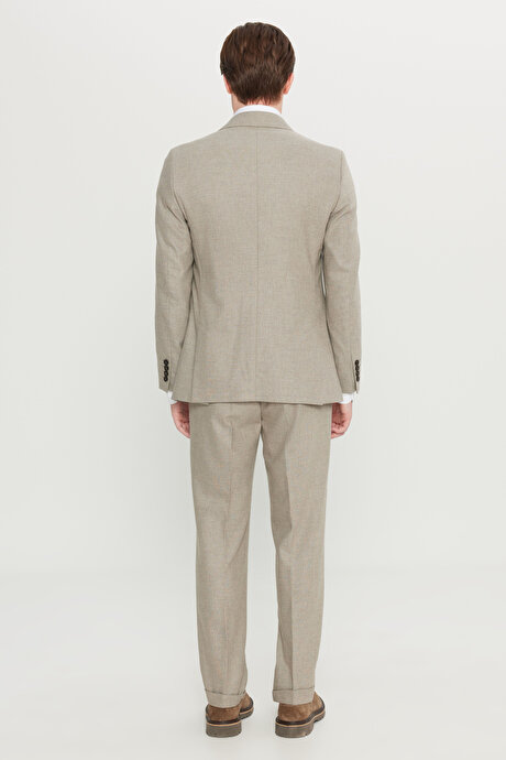 Yünlü Slim Fit Dar Kesim Kırlangıç Yaka Kapak Cepli Esnek Bej Takım Elbise resmi