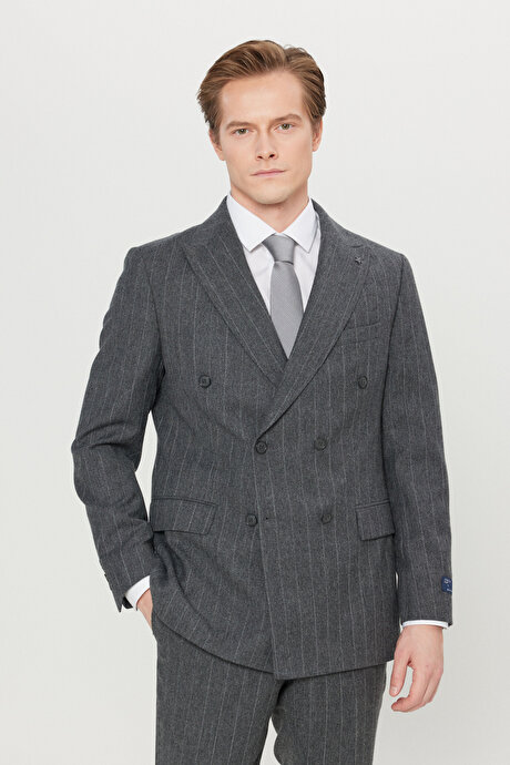 Yünlü Slim Fit Dar Kesim Kırlangıç Yaka Kapak Cepli Çizgili Kruvaze Antrasit Takım Elbise resmi