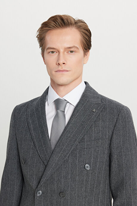 Yünlü Slim Fit Dar Kesim Kırlangıç Yaka Kapak Cepli Çizgili Kruvaze Antrasit Takım Elbise resmi