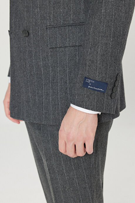 Yünlü Slim Fit Dar Kesim Kırlangıç Yaka Kapak Cepli Çizgili Kruvaze Antrasit Takım Elbise resmi