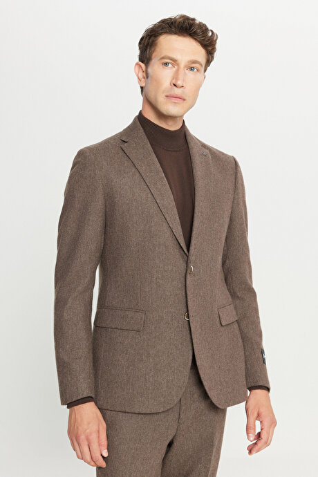 Yünlü Slim Fit Dar Kesim Mono Yaka Kapak Cepli Desenli Esnek Kahverengi Takım Elbise resmi