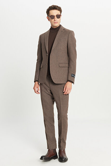 Yünlü Slim Fit Dar Kesim Mono Yaka Kapak Cepli Desenli Esnek Kahverengi Takım Elbise resmi