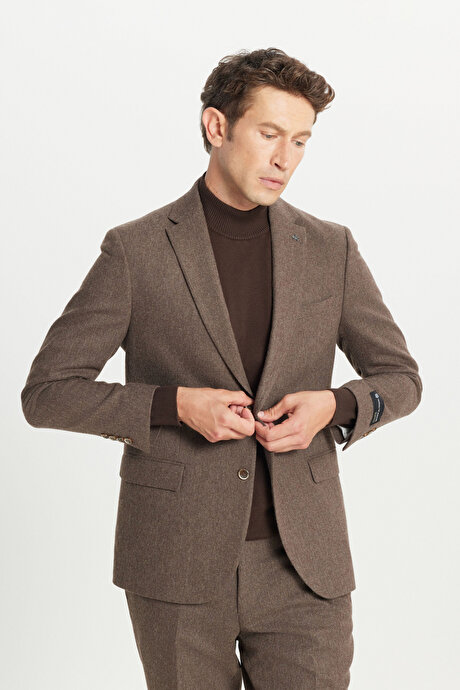 Yünlü Slim Fit Dar Kesim Mono Yaka Kapak Cepli Desenli Esnek Kahverengi Takım Elbise resmi