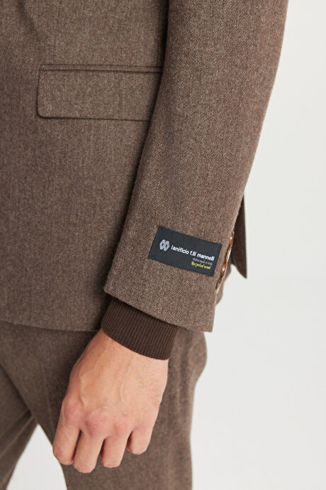 Yünlü Slim Fit Dar Kesim Mono Yaka Kapak Cepli Desenli Esnek Kahverengi Takım Elbise resmi