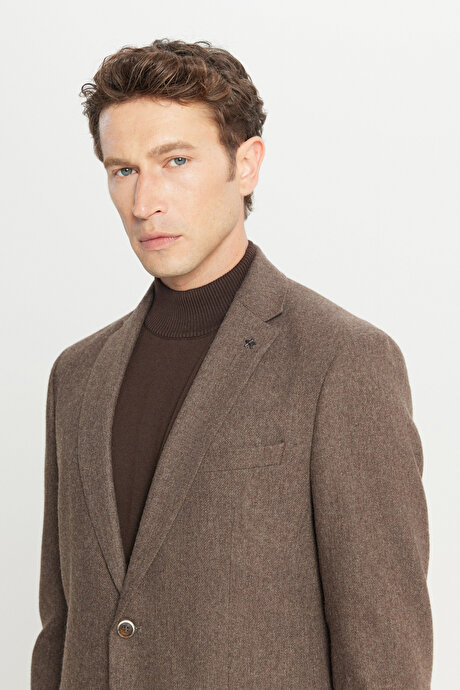 Yünlü Slim Fit Dar Kesim Mono Yaka Kapak Cepli Desenli Esnek Kahverengi Takım Elbise resmi