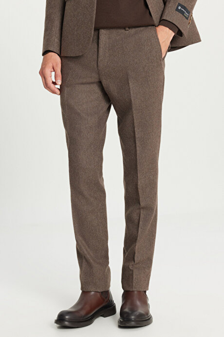 Yünlü Slim Fit Dar Kesim Mono Yaka Kapak Cepli Desenli Esnek Kahverengi Takım Elbise resmi