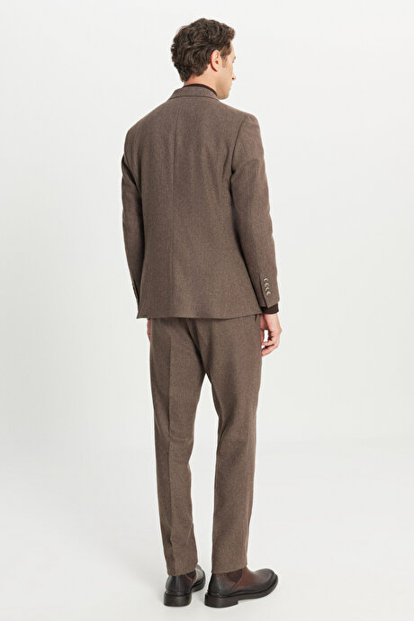 Yünlü Slim Fit Dar Kesim Mono Yaka Kapak Cepli Desenli Esnek Kahverengi Takım Elbise resmi