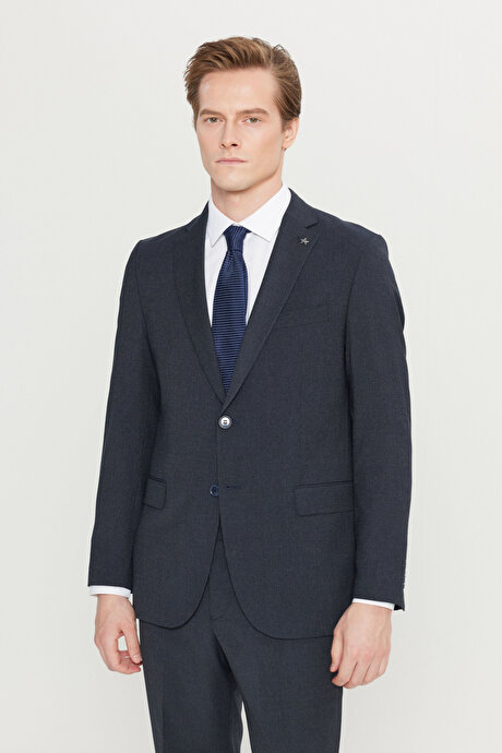 Slim Fit Dar Kesim Mono Yaka Kapak Cepli Desenli Esnek Lacivert Takım Elbise resmi