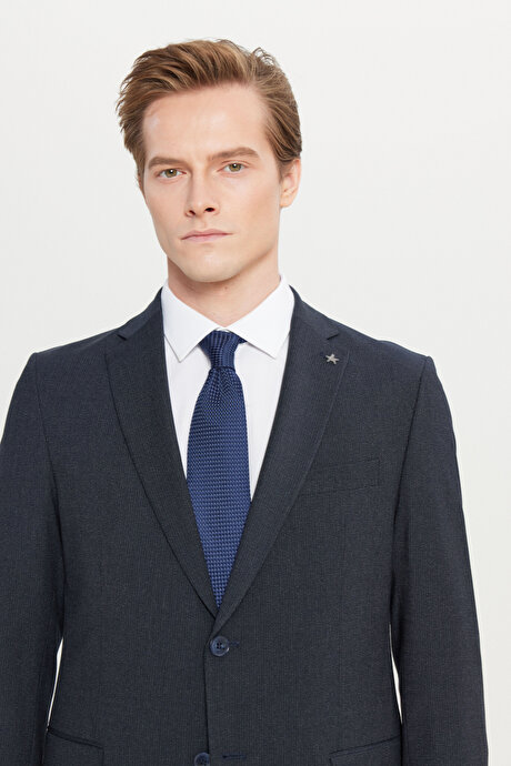 Slim Fit Dar Kesim Mono Yaka Kapak Cepli Desenli Esnek Lacivert Takım Elbise resmi