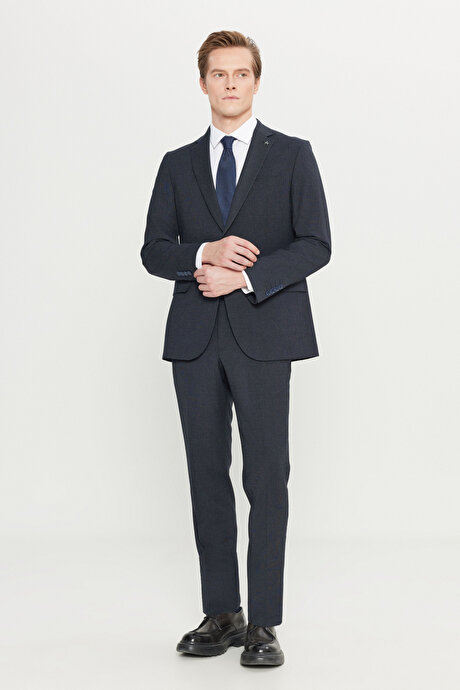 Slim Fit Dar Kesim Mono Yaka Kapak Cepli Desenli Esnek Lacivert Takım Elbise resmi