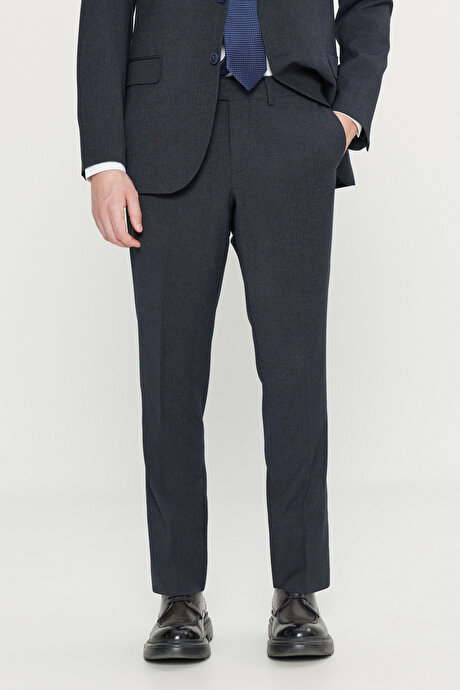 Slim Fit Dar Kesim Mono Yaka Kapak Cepli Desenli Esnek Lacivert Takım Elbise resmi