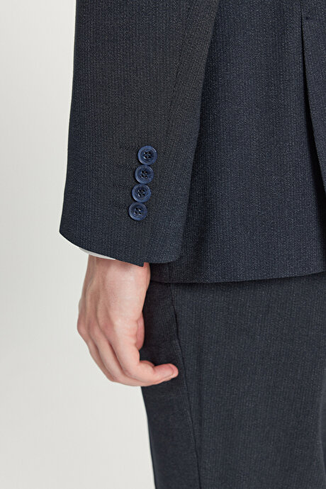 Slim Fit Dar Kesim Mono Yaka Kapak Cepli Desenli Esnek Lacivert Takım Elbise resmi